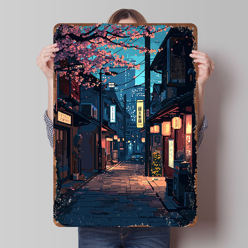 Retro Gaming Tokyo - Placa de Metal Pixel Art de